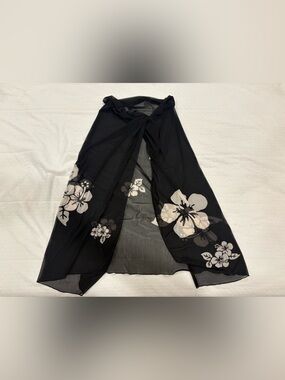 Black Floral Tie-Waist Swim Sarong